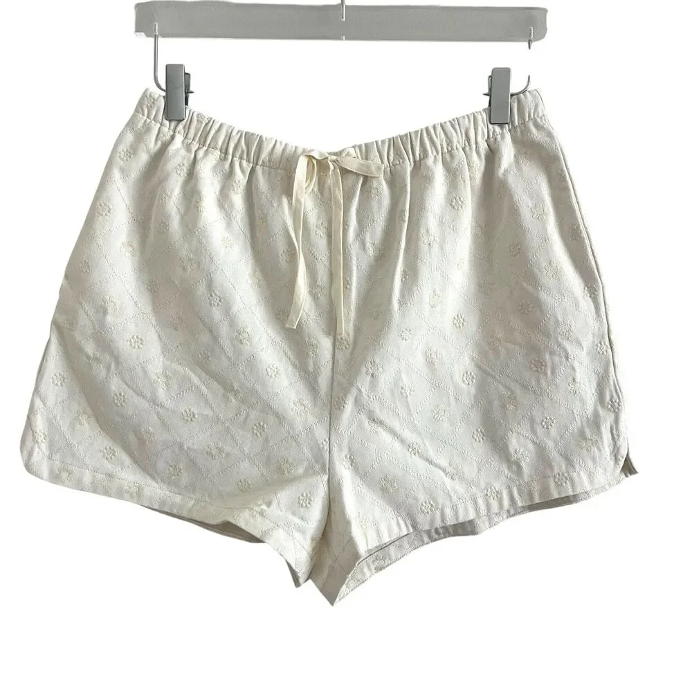 Caroline Constas Eyelet Denim Puff Sleeve Top Short Twin Set S Cream Costal NWT